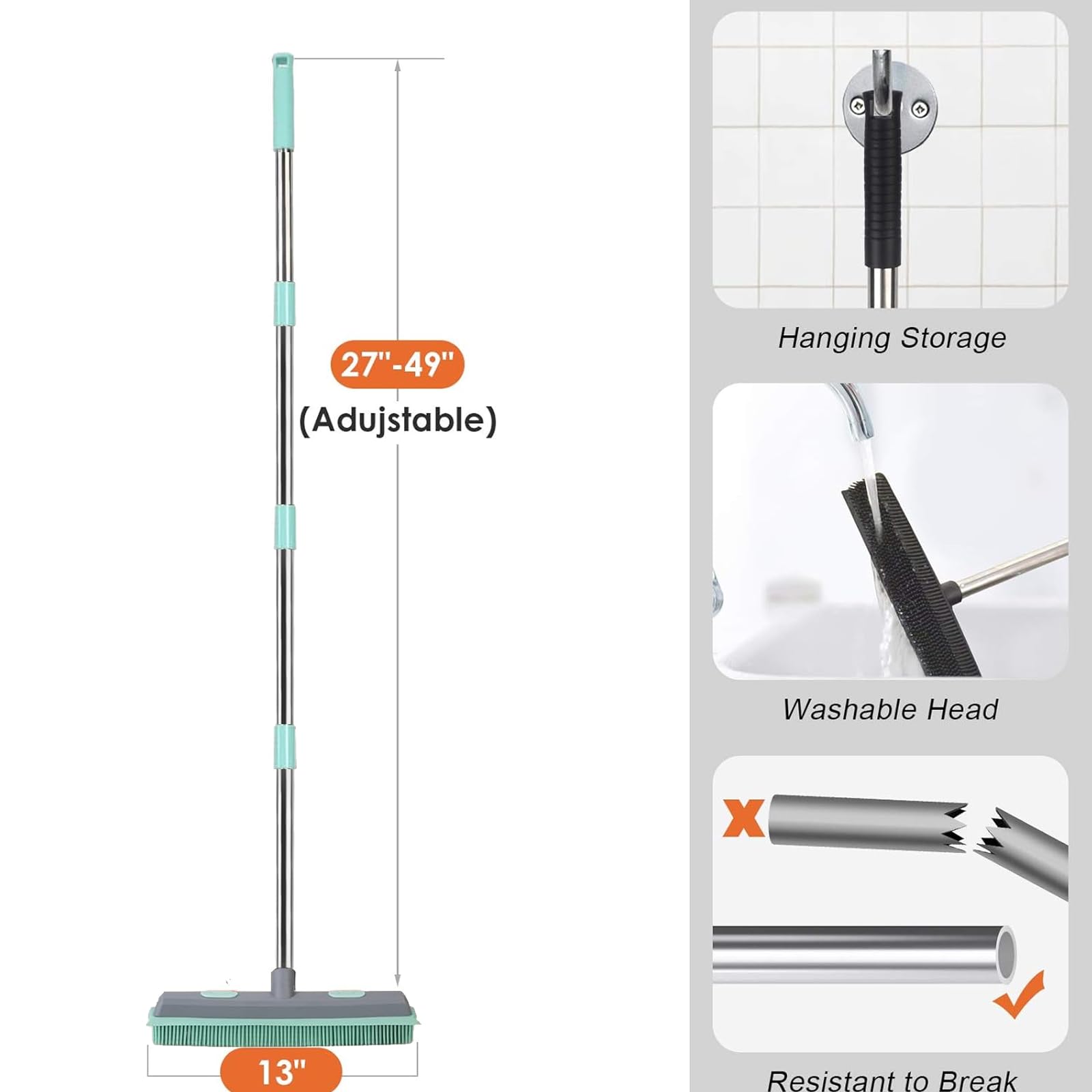 Pet Carpet Hair Rubber Broom with 49inch Long Handle, Portable Detailing Lint Remover, Soft Push Broom for Fluff Carpet, Hardwood, Tile, Window