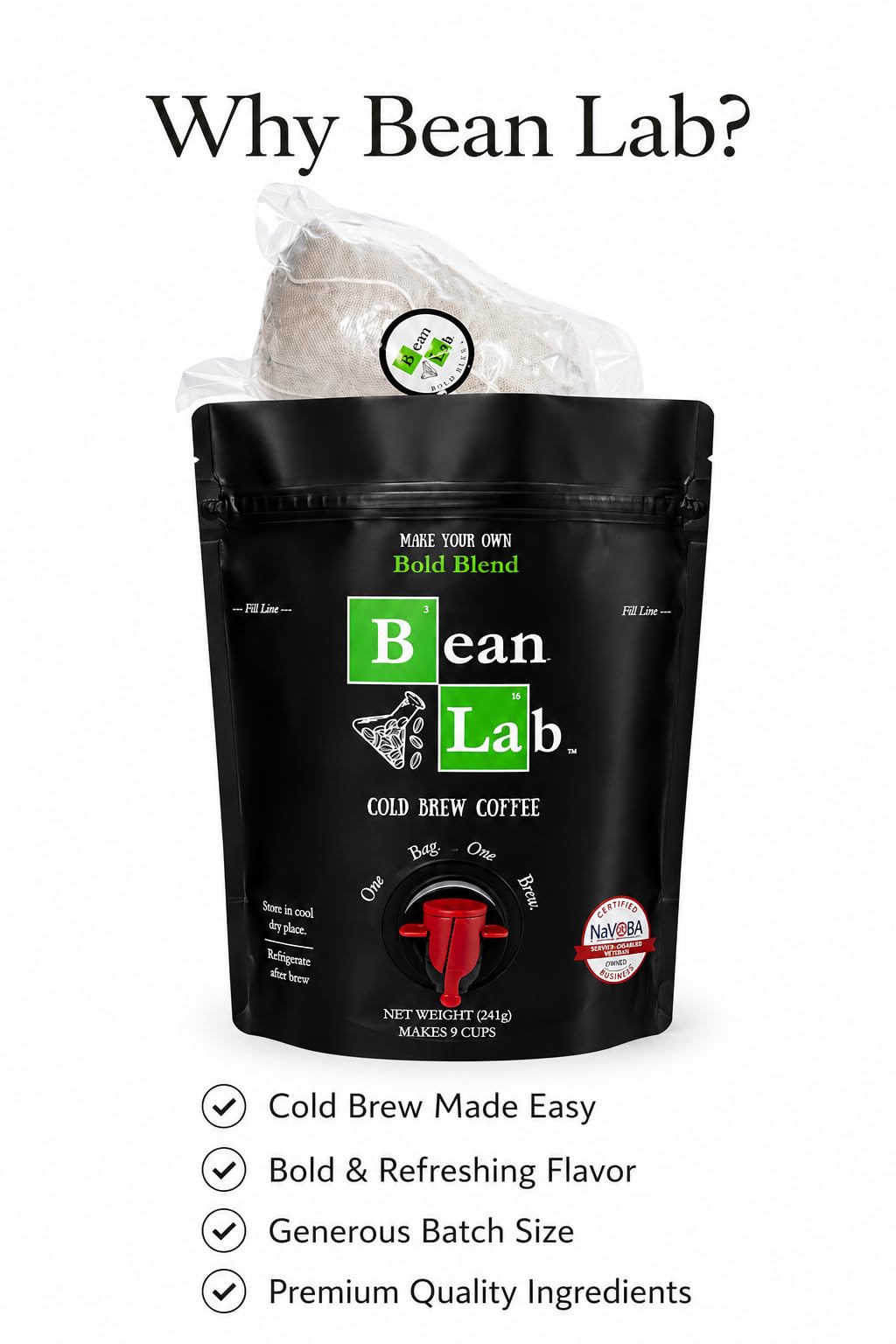 Bean Lab Cold Brew Coffee - Bold Blend - Brew Bag - Coarse Ground Coffee - Smooth Low-Acid Coffee - Reusable Brew System - 100% Arabica - Medium Roast