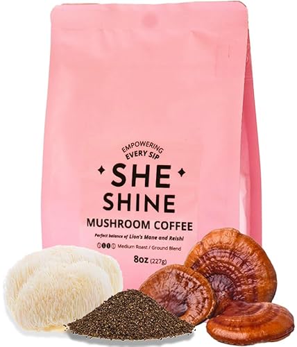 Mushroom Coffee SHE SHINE with Lion’s Mane & Reishi - Organic Superfood Coffee for Energy & Focus - Nootropic Blend for Balanced Wellness - 8 oz Bag