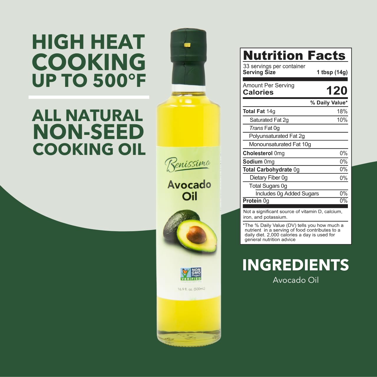 Benissimo 100% Pure Avocado Oil, 500ml Glass Bottle, Allergen-Free and Non-GMO, Premium Cold-Pressed Cooking Oil for Grilling, Sautéing, Baking