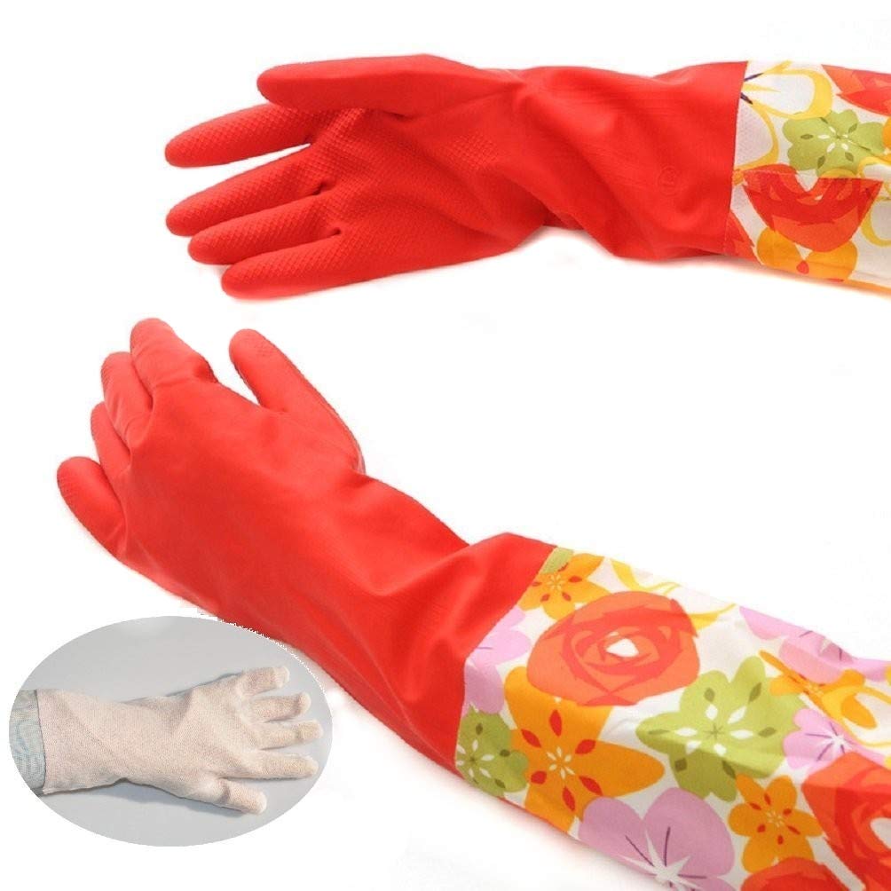 Home & Style 3 Pair Decorative Boutique Latex Cleaning Dishwashing Gloves With Fancy Cuff with Flock Lining