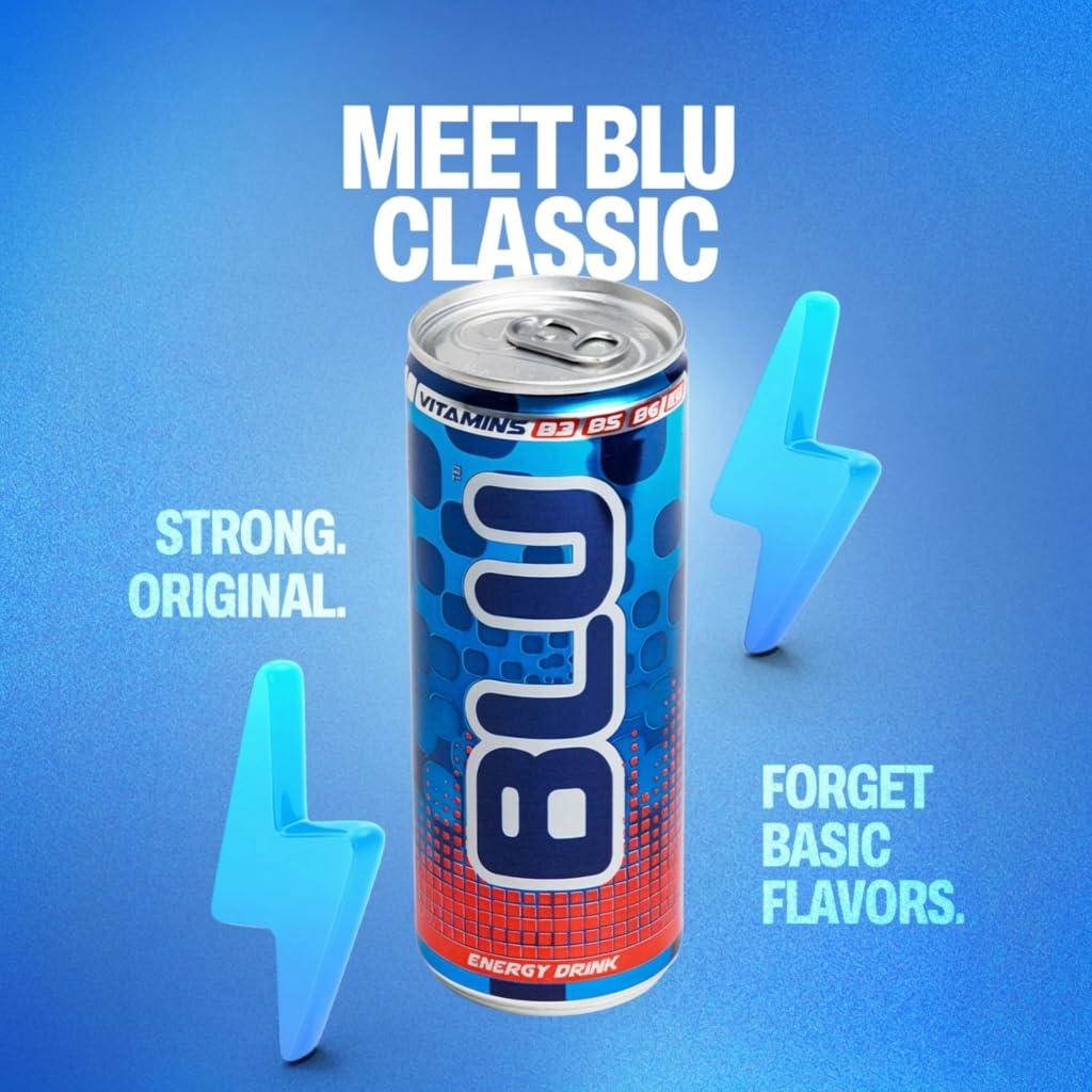 BLU Classic Energy Drink, 12 Pack Slim Cans, 8.4 fl oz (250 mL) Each, Bundle by INIM Store