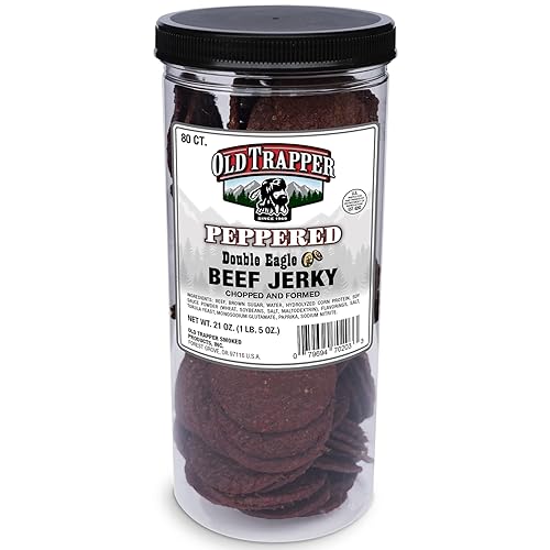 Old Trapper Double Eagle Beef Jerky, Peppered Flavor, 21oz. 80-Piece Jar, Natural Wood Smoked Meat Snacks, 10 Grams of Protein and 80 Calories per