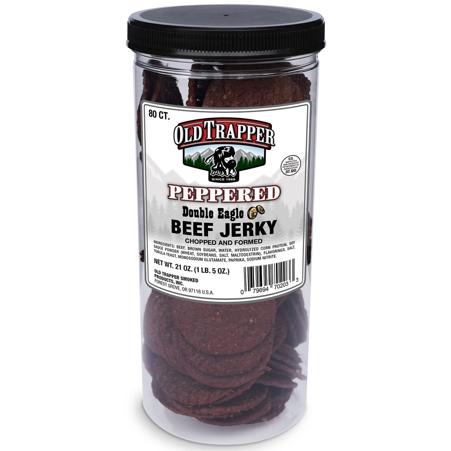 Old Trapper Double Eagle Beef Jerky, Peppered Flavor, 21oz. 80-Piece Jar, Natural Wood Smoked Meat Snacks, 10 Grams of Protein and 80 Calories per