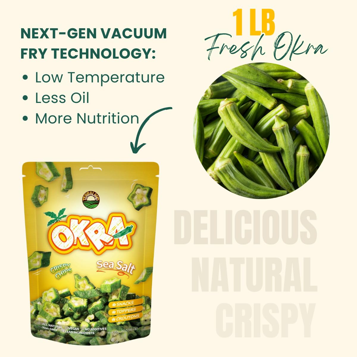 Terraland Okra Crispy Cubes-Sea Salt, Crispy & Crunch, Vegan, No Additives, Idea for Snacking or Pairing with Salad and Cereal 2oz Bag - Pack of 2