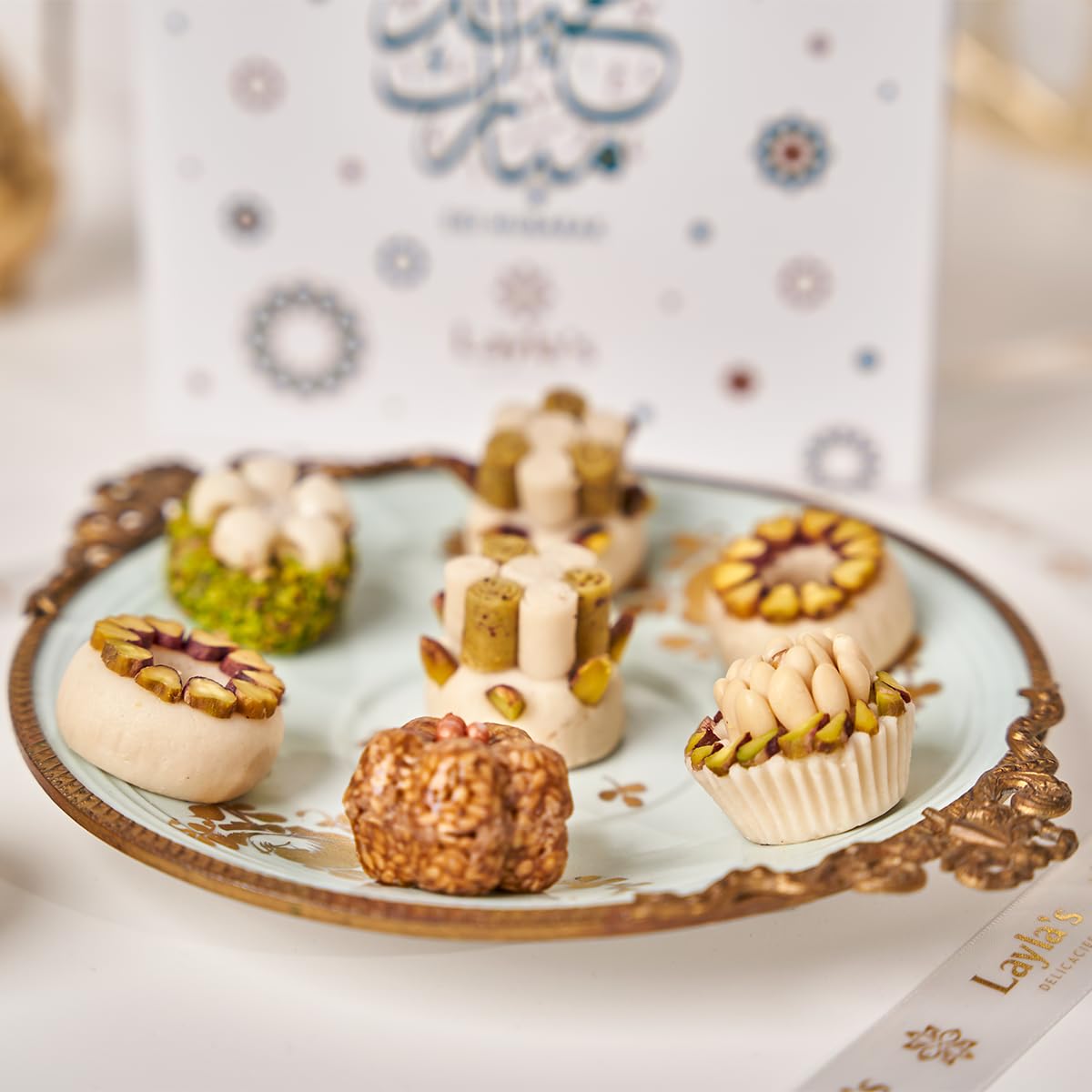 Layla’s Delicacies Mediterranean Treats Gift Box for Eid Mubarak - Handmade Healthy Mixed Nutty Flavors Pastries - Halal, Vegetarian, Gluten Free - 15