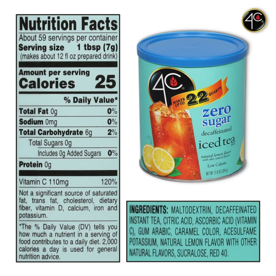 4C Light Powdered Drink Mix Cannisters, Zero Sugar Decaffeinated Iced Tea, 22 Quarts, Family Sized Cannister, Low Calorie, Thirst Quenching Flavors