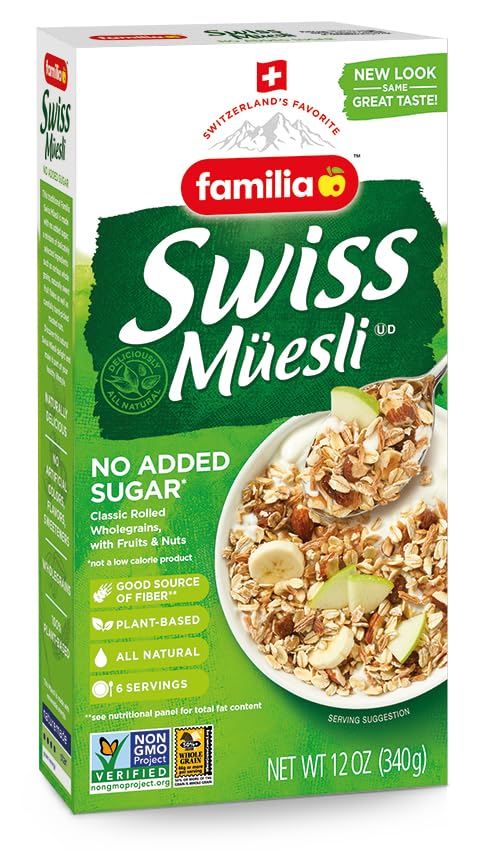 Familia Swiss Muesli Cereal, 0g Added Sugar, Energy-Packed Cereal with Raisins, Hazelnuts and Almonds, 12 Ounce Box (Pack of 2)