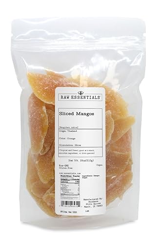 Raw Essentials Dried Sliced Mangos | Tropical, Sweet, and Chewy | Perfect Snack, Smoothie Booster, or Drink Garnish | 18 oz Resealable Bag