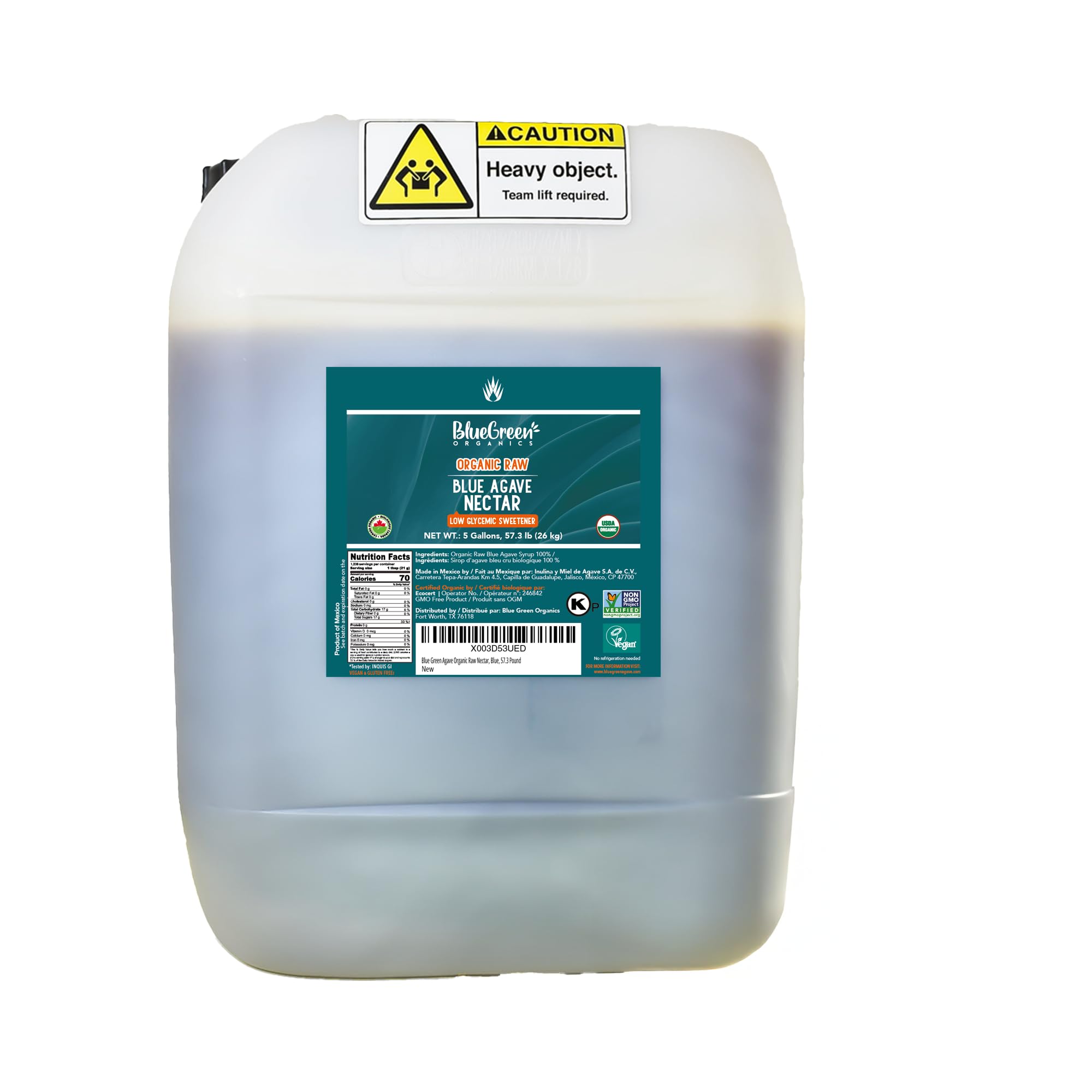 BLUE GREEN ORGANICS 57.3 lb Raw Blue Agave , 5 Gallon Bulk Organic Sweetener , Low Glycemic Index Sugar Alternative for Coffee, Tea & Smoothies