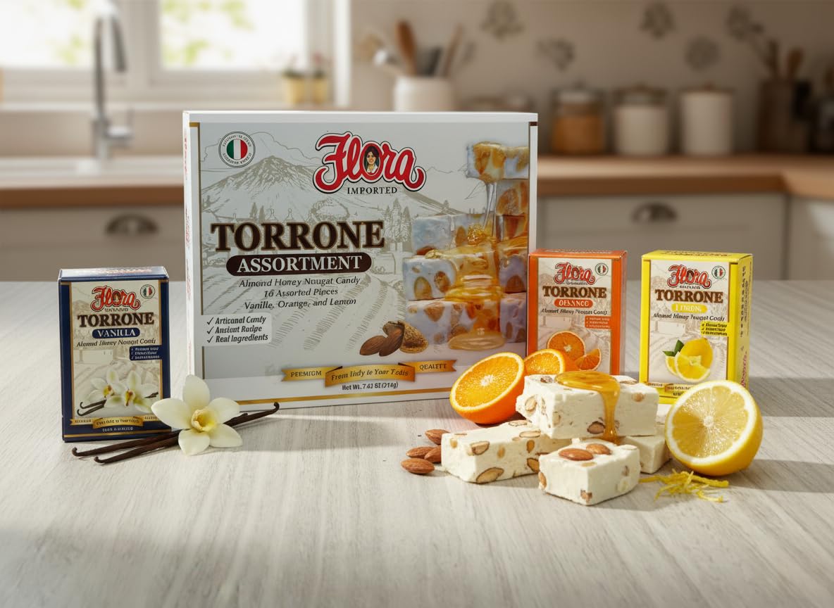 Flora Foods Assorted Italian Torrone - 18 Almond Honey Nougat Pieces - Vanilla, Lemon & Orange Flavors - Less Than 60 Calories Each - Made in Italy