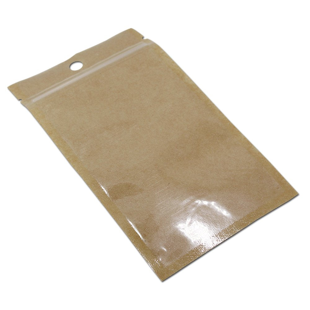 FERENLI 100Pcs Clear Brown Kraft Paper Plastic for Zip Reclosable Bag Lock Flat Heat Sealable Smell Proof Packaging Bags Zipper Lock Coffee Plastic