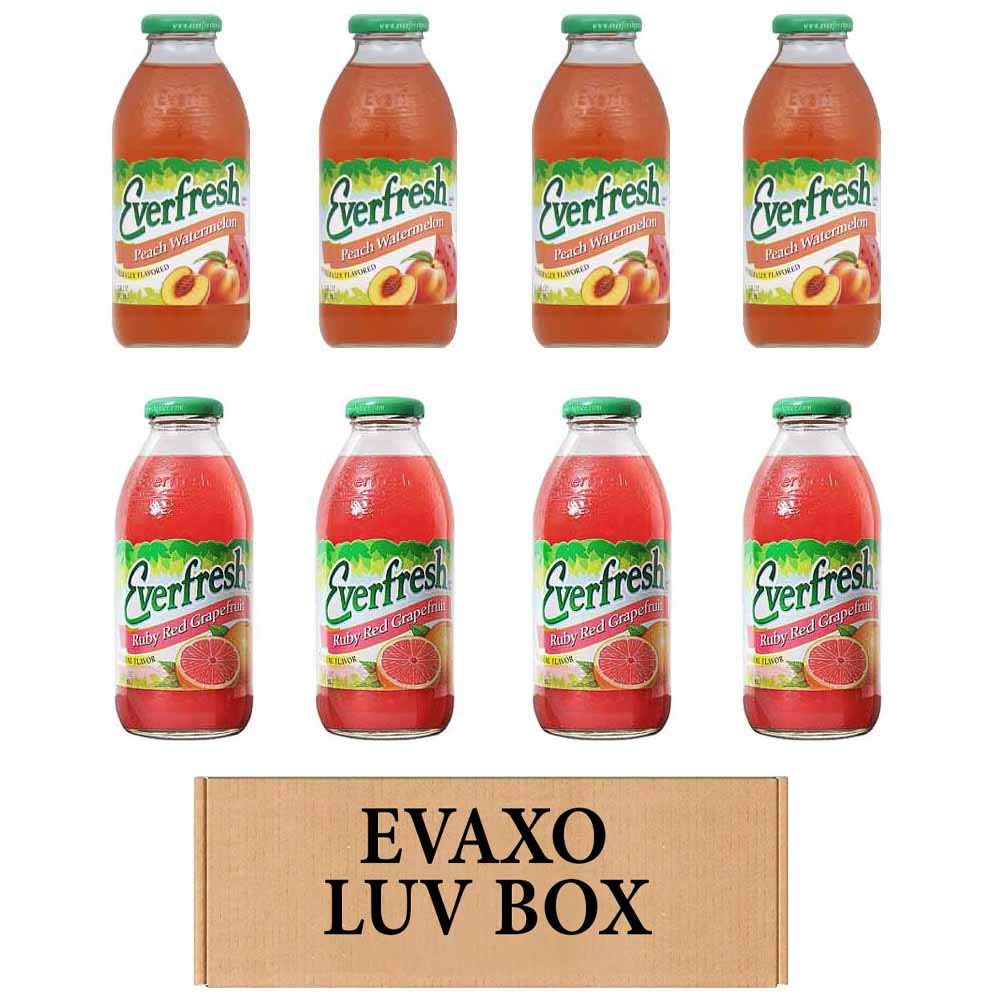 LUV BOX- variety Everfresh Juice 16 oz. pack of 8 , Everfresh Peach Watermelon , Everfresh Ruby Red Grapefruit. by evaxo