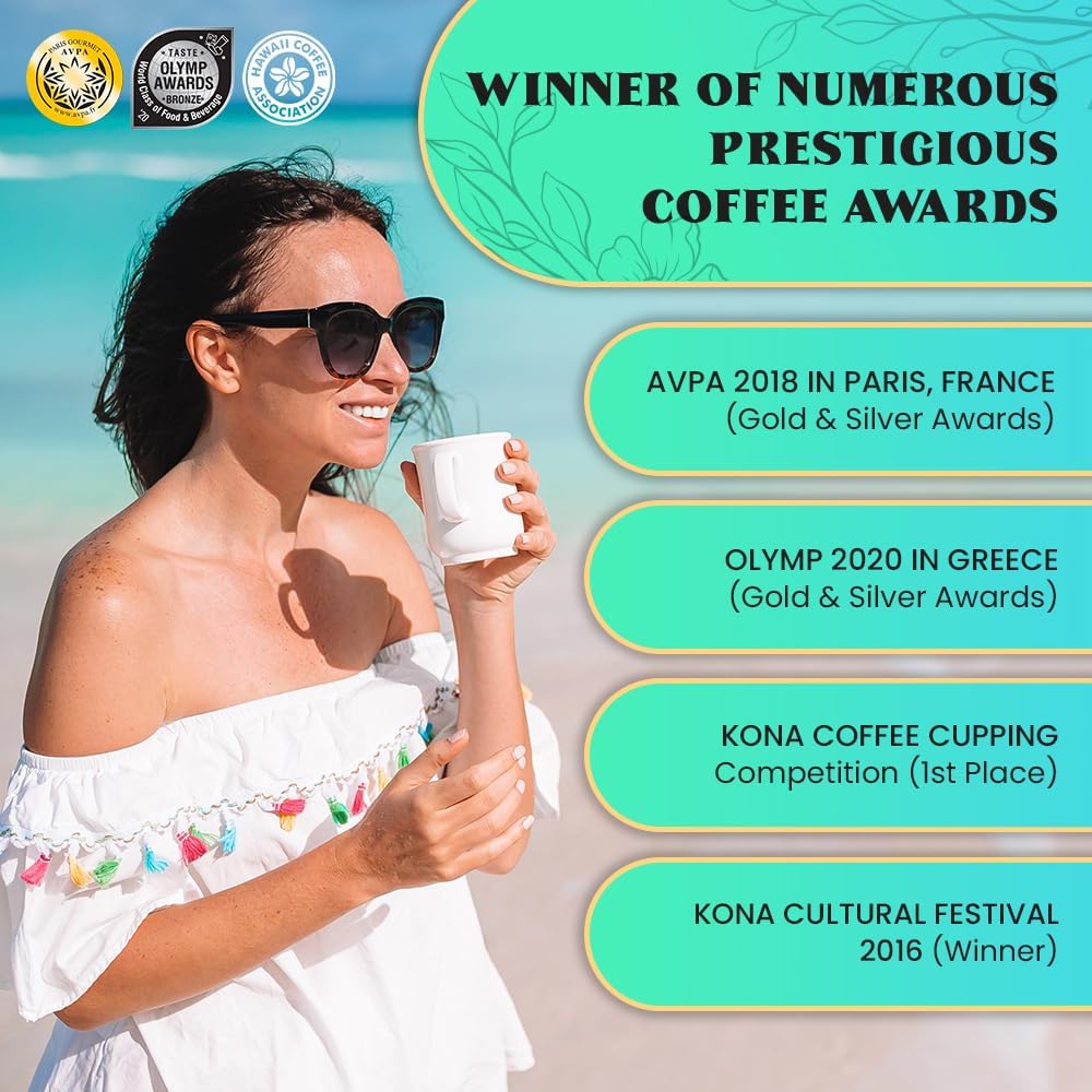 8oz 100% Kona Coffee Whole Beans by Kona Gold Rum Co. - Extra Fancy Freshly Roasted Medium/Dark Roast, Peach Notes with Cream Tones - Kona Coffee
