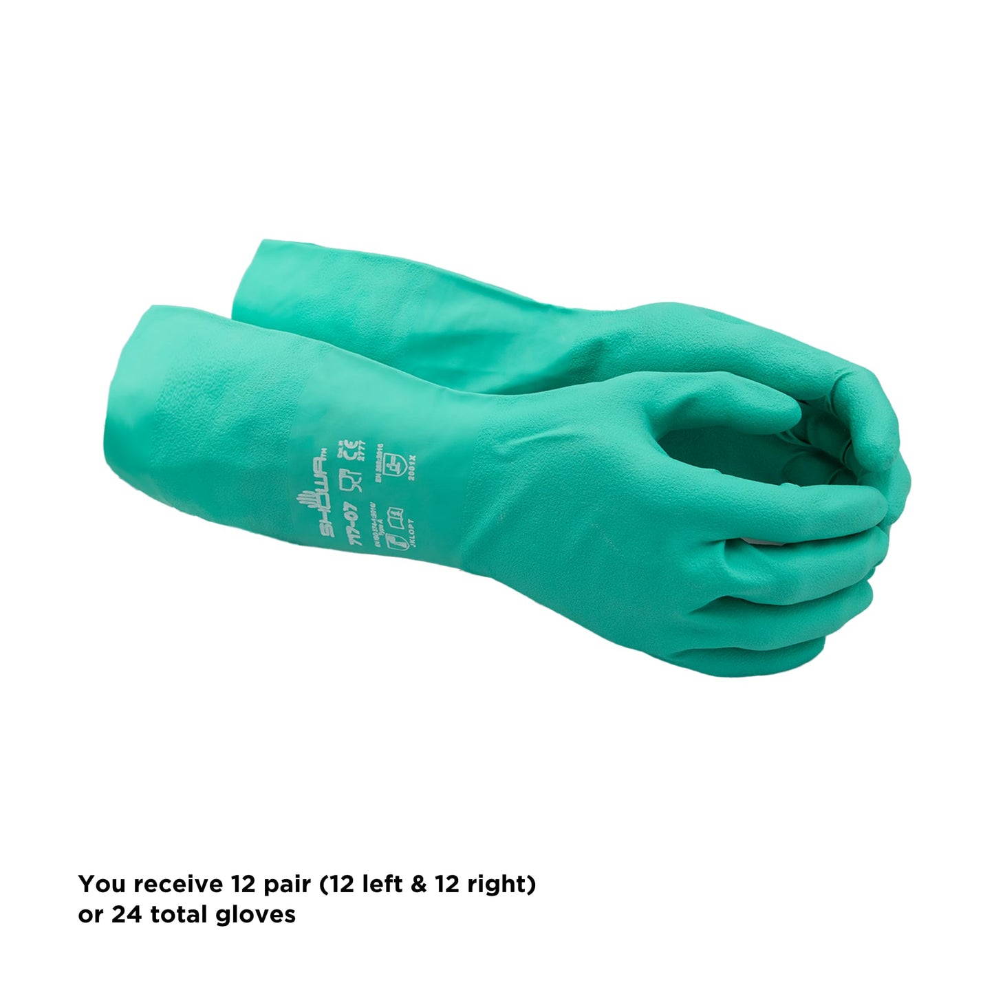 SHOWA 717 Chemical Resistant Gloves, 11-mil Nitrile Gloves, 13-inch Extended Gauntlet, Bisque Grip, Unlined & Unsupported, CE Cat III & Food Safe