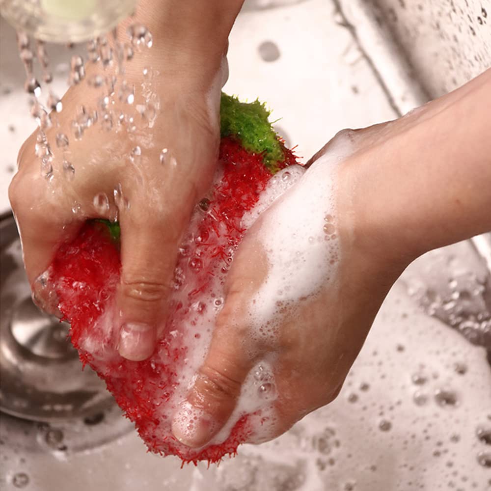 Strawberry Shape Acrylic Dish/Pot Scrubbers for Dish Washing, Cute Colorful Dish Sponge No Odor Kitchen Sponge Net Dish Cloths, 4 Pack