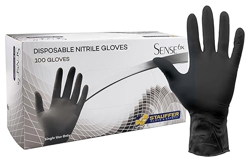 Heavy Duty Black Disposable Nitrile Gloves, 6mil, Stauffer Sense6, Latex Free, 12" Extra Long Cuff, Tough & Strong - Extra Large (Box of 100)
