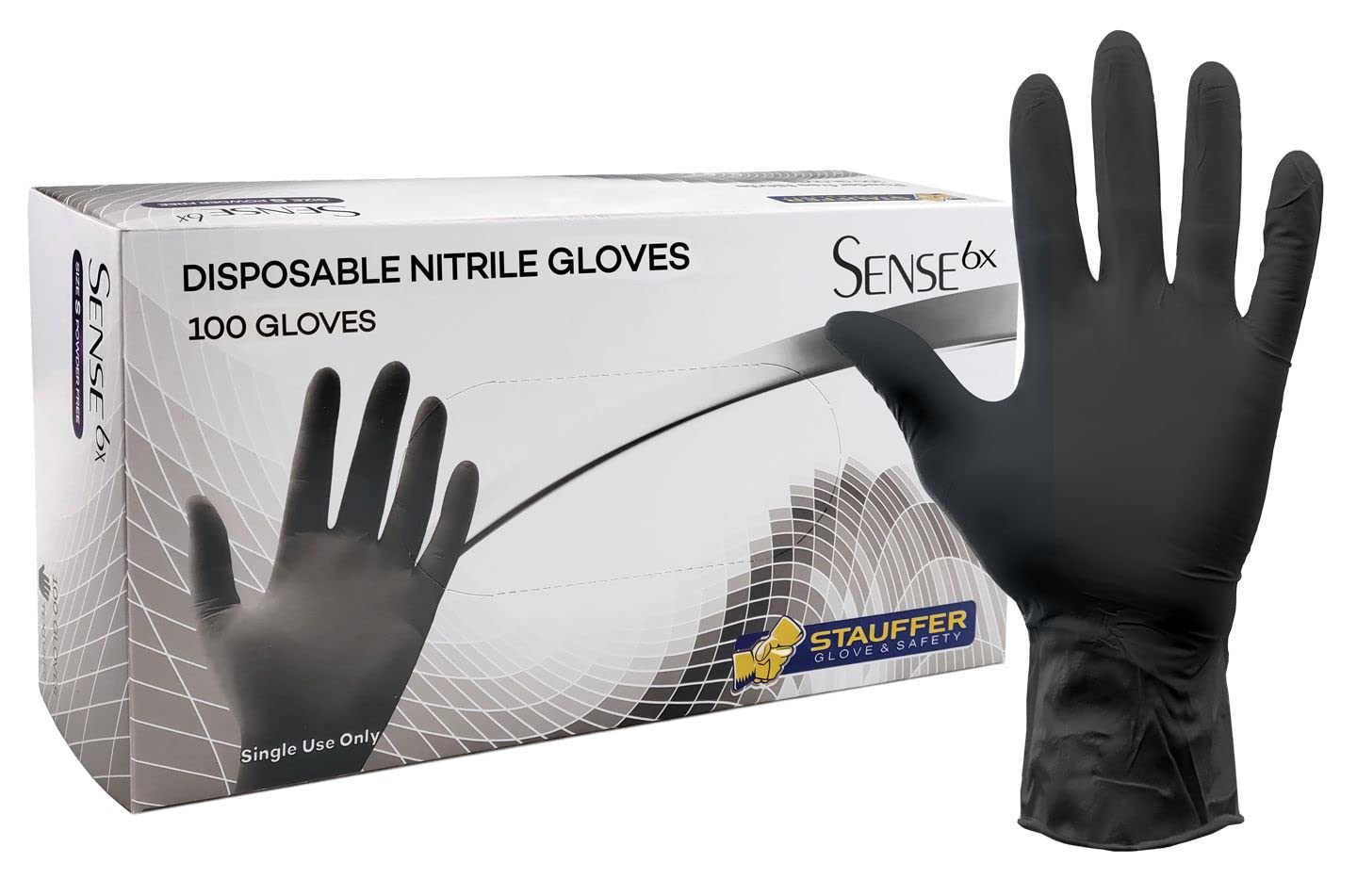 Heavy Duty Black Disposable Nitrile Gloves, 6mil, Stauffer Sense6, Latex Free, 12" Extra Long Cuff, Tough & Strong - Extra Large (Box of 100)