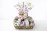 Easter Basket with Chocolate, Candy & Snacks - 16 Inch Tray Easter Wrapped Gift Basket - Spring Holiday Treats for Family, Friends & Coworkers
