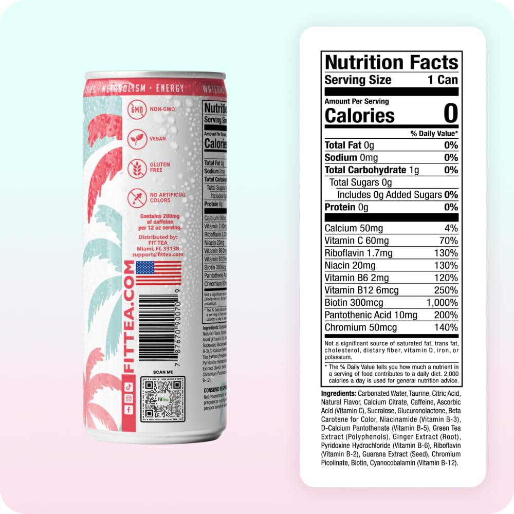 FitTea Healthy Energy Drink 12 Fl Oz - Watermelon Sugar Sparkling Refresher (12 Pack) Zero Calories Natural Green Tea Energy Drinks Sugar Free
