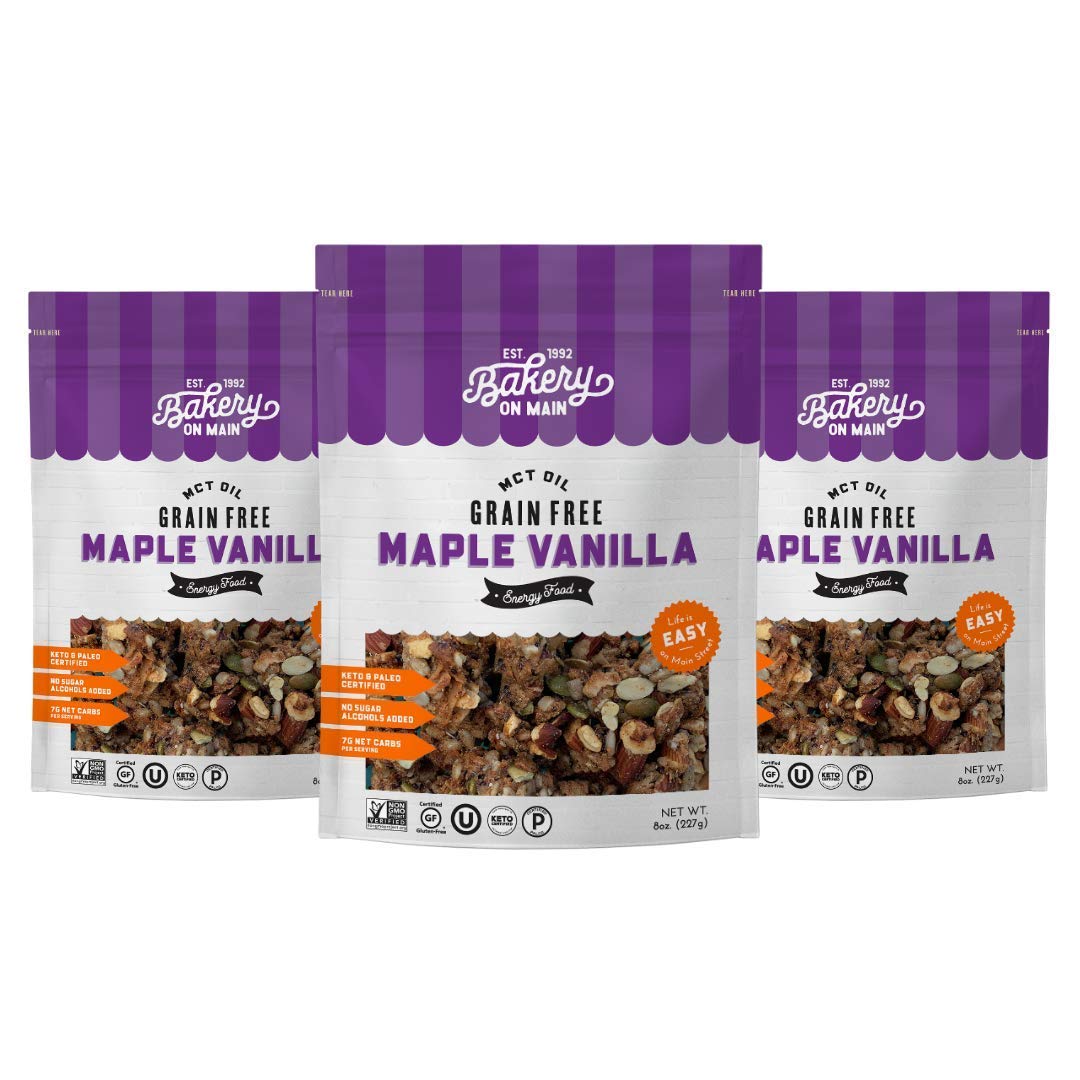Bakery On Main, Grain-Free Granola + Baked With MCT Oil, Paleo + Keto Certified - Gluten-Free & Non GMO, Ketogenic Snack - Maple Vanilla, 8oz (Pack