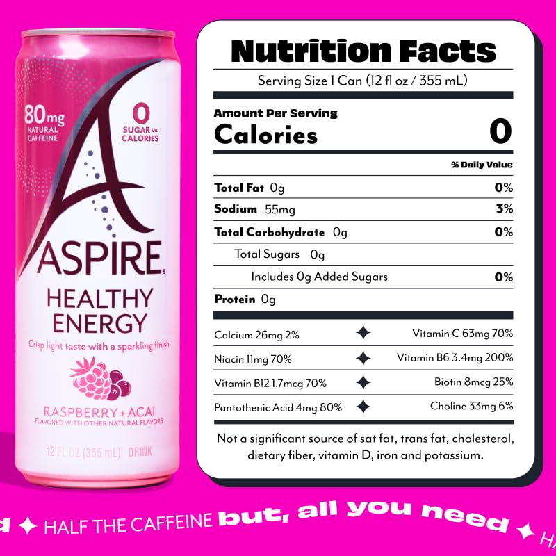 ASPIRE® Raspberry Acai, Healthy Energy Drink 80mg Natural Caffeine, Zero Sugar No Carbs Keto Friendly, 24 Pack Green Tea Sugar Free Drink Low Caffeine