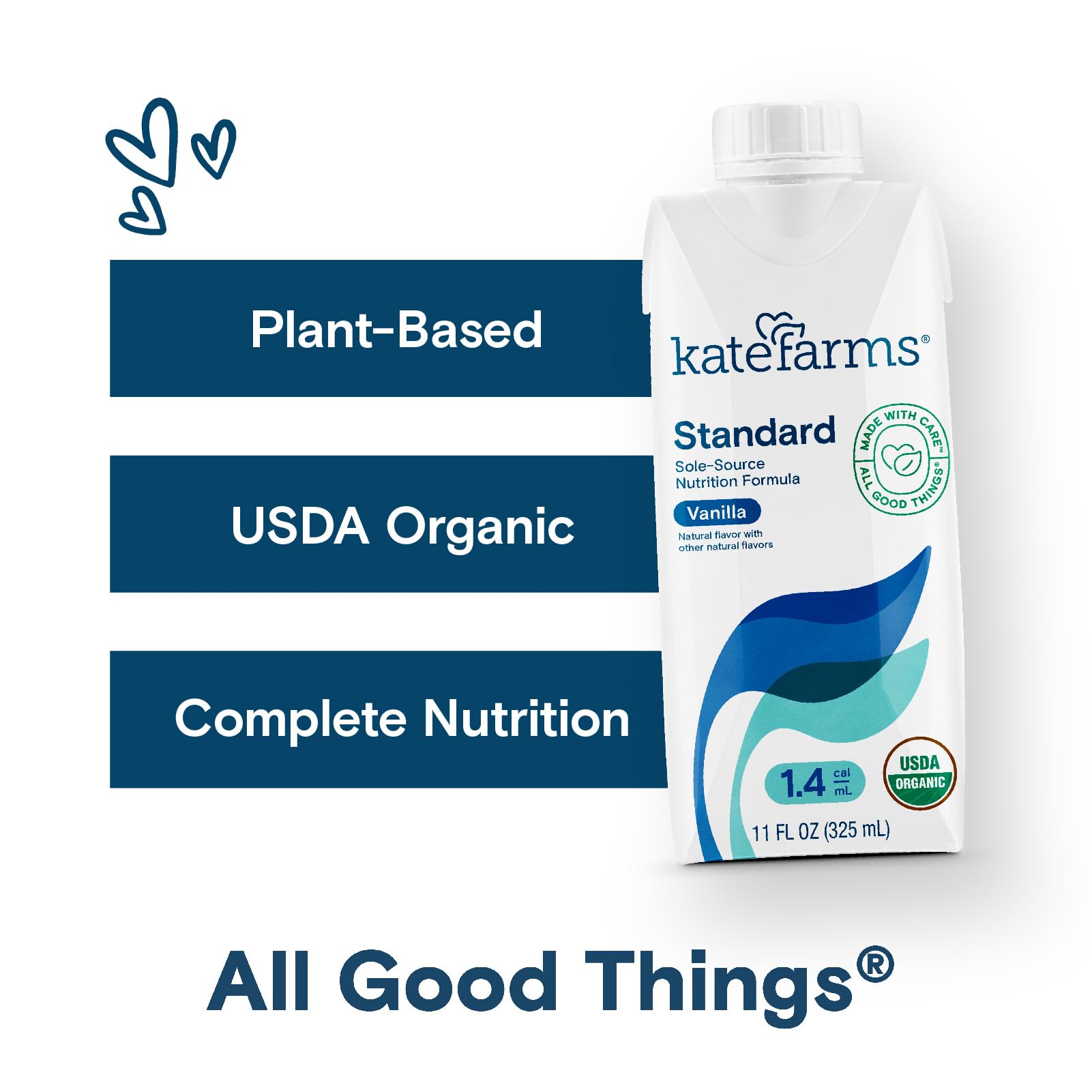 KATE FARMS Organic 1.4 High Calorie Nutrition Shake, Vanilla, 20g Protein, 27 Vitamins and Minerals, Meal Replacement, Protein Shake, 11 oz (12 Pack)