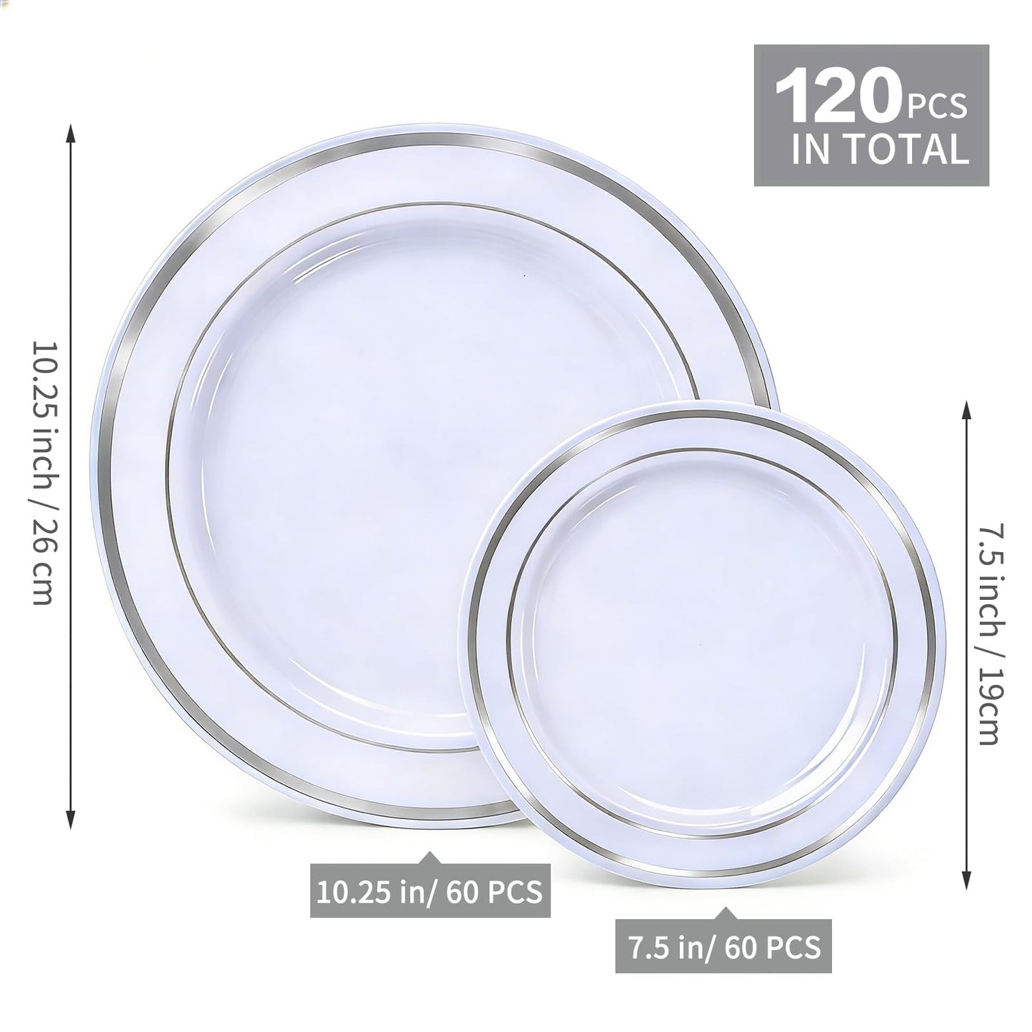 HOME BREEZE 120PCS Silver Plastic Plates, Heavy Duty White and Silver Disposable Party Plates, 60 Dinner Plates and 60 Dessert Plates, Plastic Plates