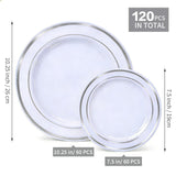 HOME BREEZE 120PCS Silver Plastic Plates, Heavy Duty White and Silver Disposable Party Plates, 60 Dinner Plates and 60 Dessert Plates, Plastic Plates