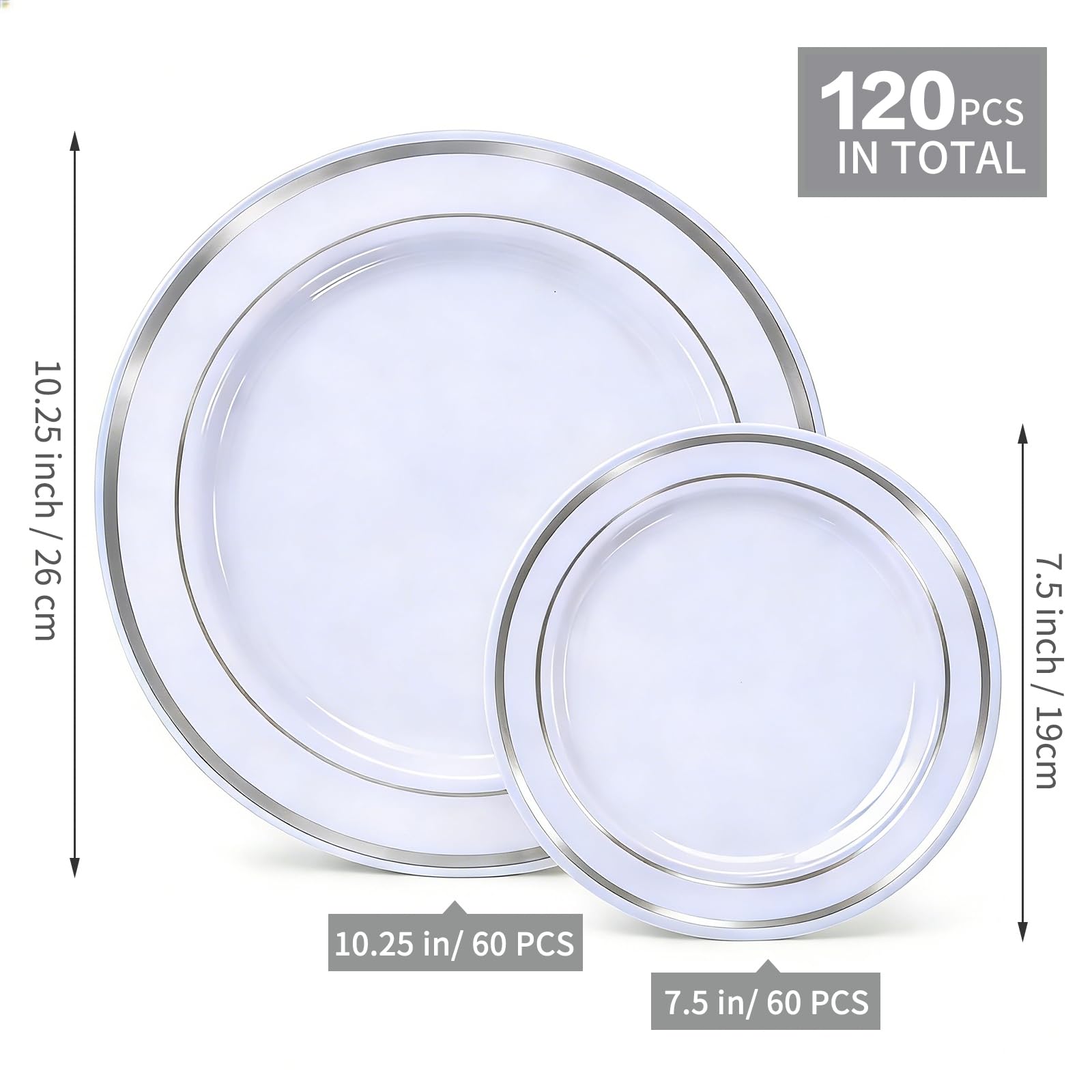 HOME BREEZE 120PCS Silver Plastic Plates, Heavy Duty White and Silver Disposable Party Plates, 60 Dinner Plates and 60 Dessert Plates, Plastic Plates