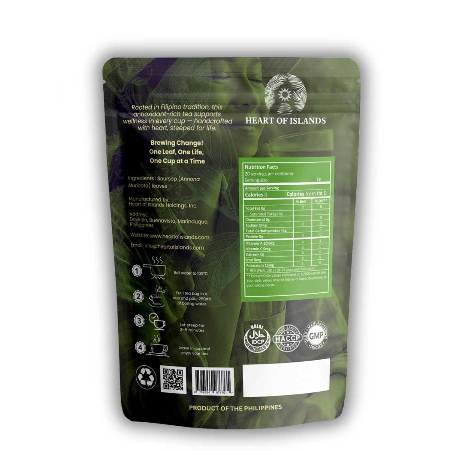 Heart of Islands KOSHER & HALAL Certified Soursop Tea Bags (1g Each) | 20 Tea Bags | Premium Guyabano (Graviola) Leaves from the Philippines | Organic