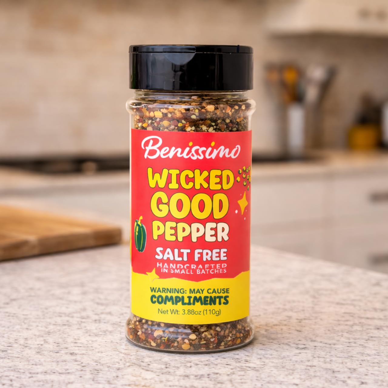 Benissimo Wicked Good Pepper Seasoning, Salt Free Flake & Granule Blend for Meats, Vegetables, Eggs, Pasta, Soups, Stews, Dry Rubs, Grilling & Table