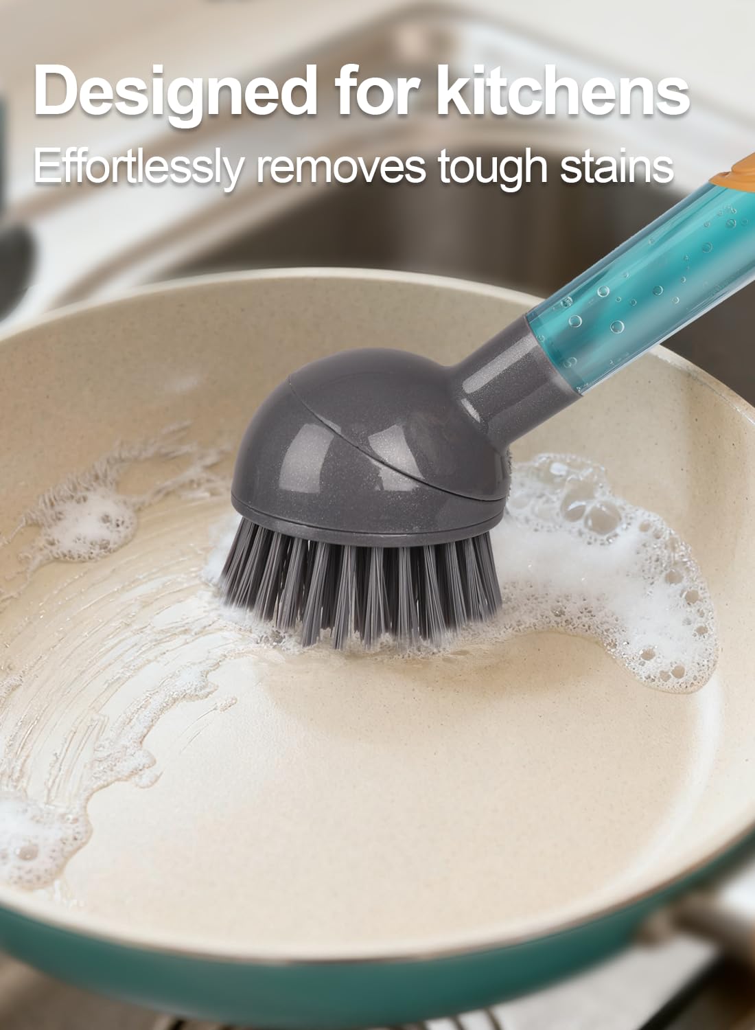 CuLiDing Soap Dispensing Dish Brush with Handle, 360° Rotating Head, 5-Piece Kitchen Cleaning Set (2 Brush Heads & 3 Sponges), Non-Scratch Scrubber