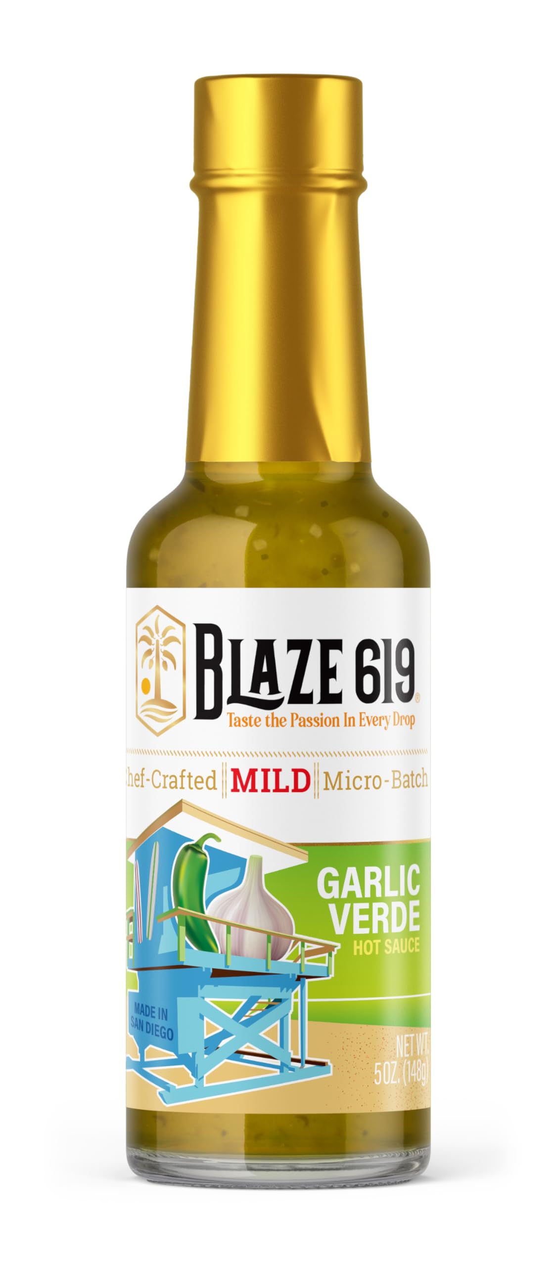 Blaze 619 Garlic Verde Hot Sauce - Mild Spicy Handmade All Natural Gluten Free Sugar Free Low Sodium (5 oz.)