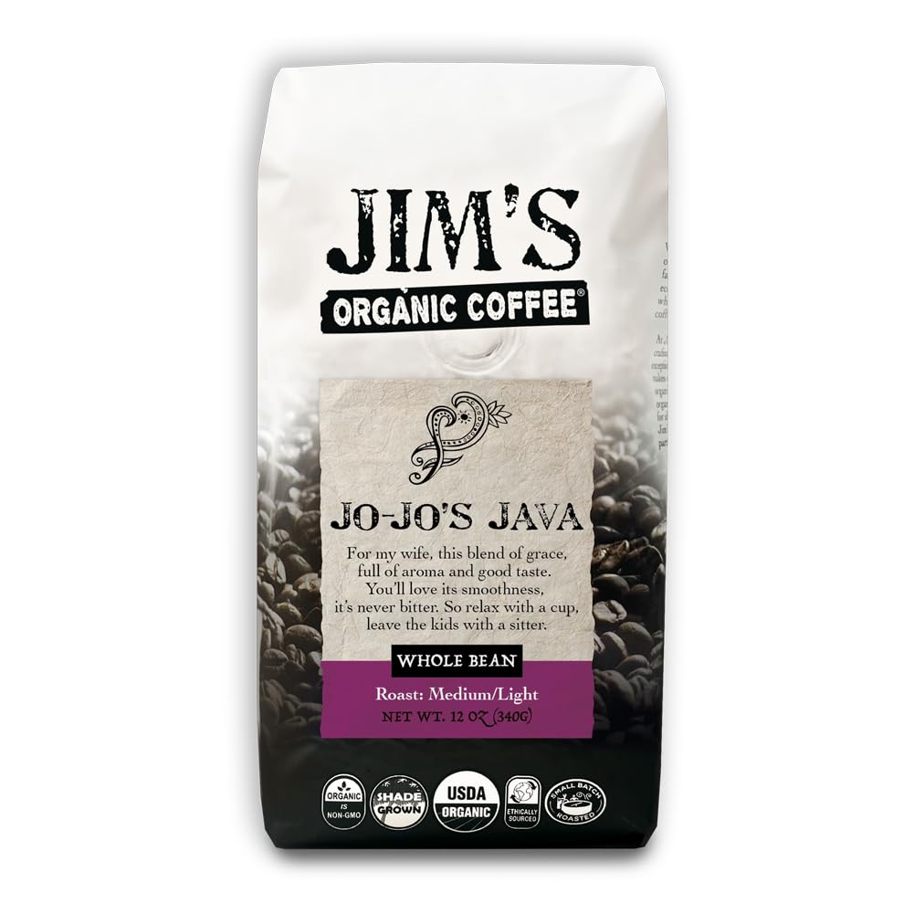 Jim’s Organic Coffee - Jo-Jo’s Java Blend - Medium/Light Roast, Whole Bean, 12 oz Bag