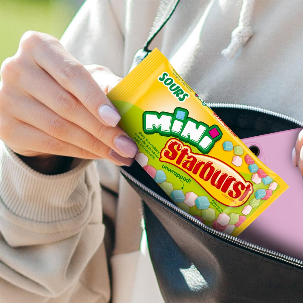 Starburst Sour Candy Minis Fruit Chews, 24 x 1.85 oz, Cherry, Blue Raspberry, Watermelon, and Strawberry Sour Fruity Candies
