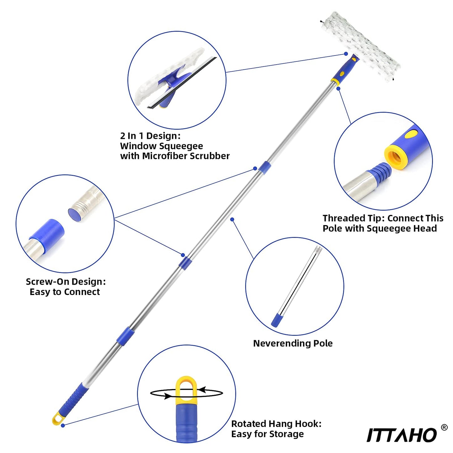 ITTAHO 60" Window Squeegee Cleaner 2 in 1 Window Cleaning Tool Kit Window Washing Kit with Extension Pole for Shower Glass, Indoor/Outdoor High Window