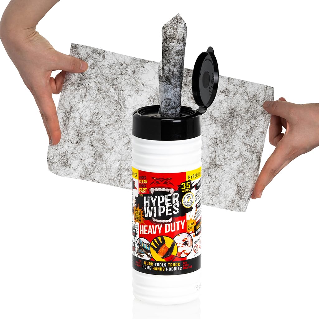 Hyper Wipes, 4 Pack Heavy Duty Hand & Tool Cleaning Wipes, 7"x12" Size Multi-Surface Cleaning Wipes, Degreasing, All Purpose Cleaner, Bathroom