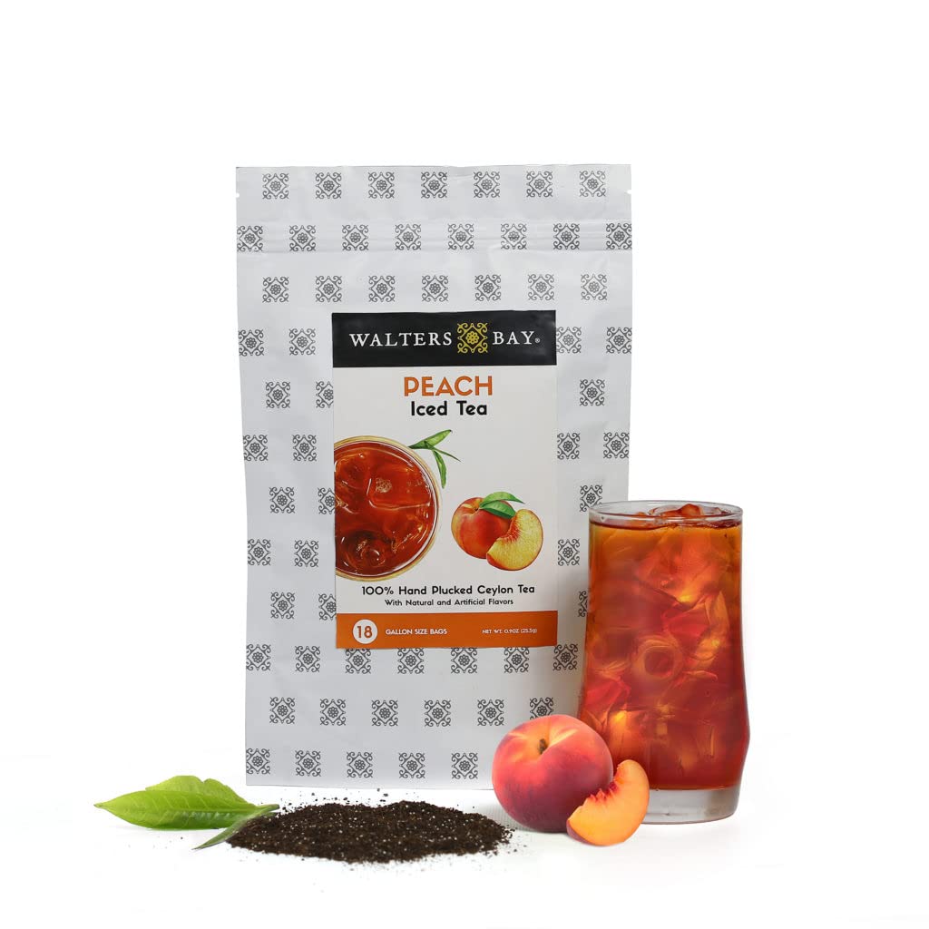 Walters Bay Peach Iced Tea, 18 Count, Each Bag Makes 1 Gallon, Family Size, Southern Peach Flavor, 100% Hand Plucked, Black Tea, Unsweetened, Sri