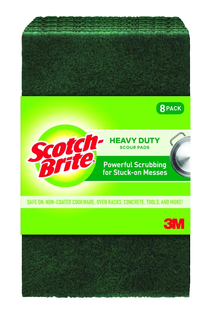 Scotch-Brite Heavy Duty Scouring Pad, Dish Scrubber for Kitchen + Outdoor, 8 Scrub Pads for Uncoated Pots and Pans, Cast Iron Cooktops, Grill Grates