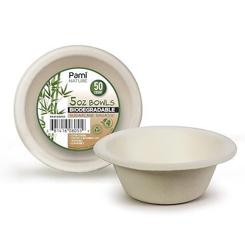 PAMI 100% Biodegradable Sugarcane Bowls [Pack of 50] Natural Compostable Soup Bowls- Planet-Friendly Bagasse Bowls For Hot & Cold Uses- Heavy-Duty