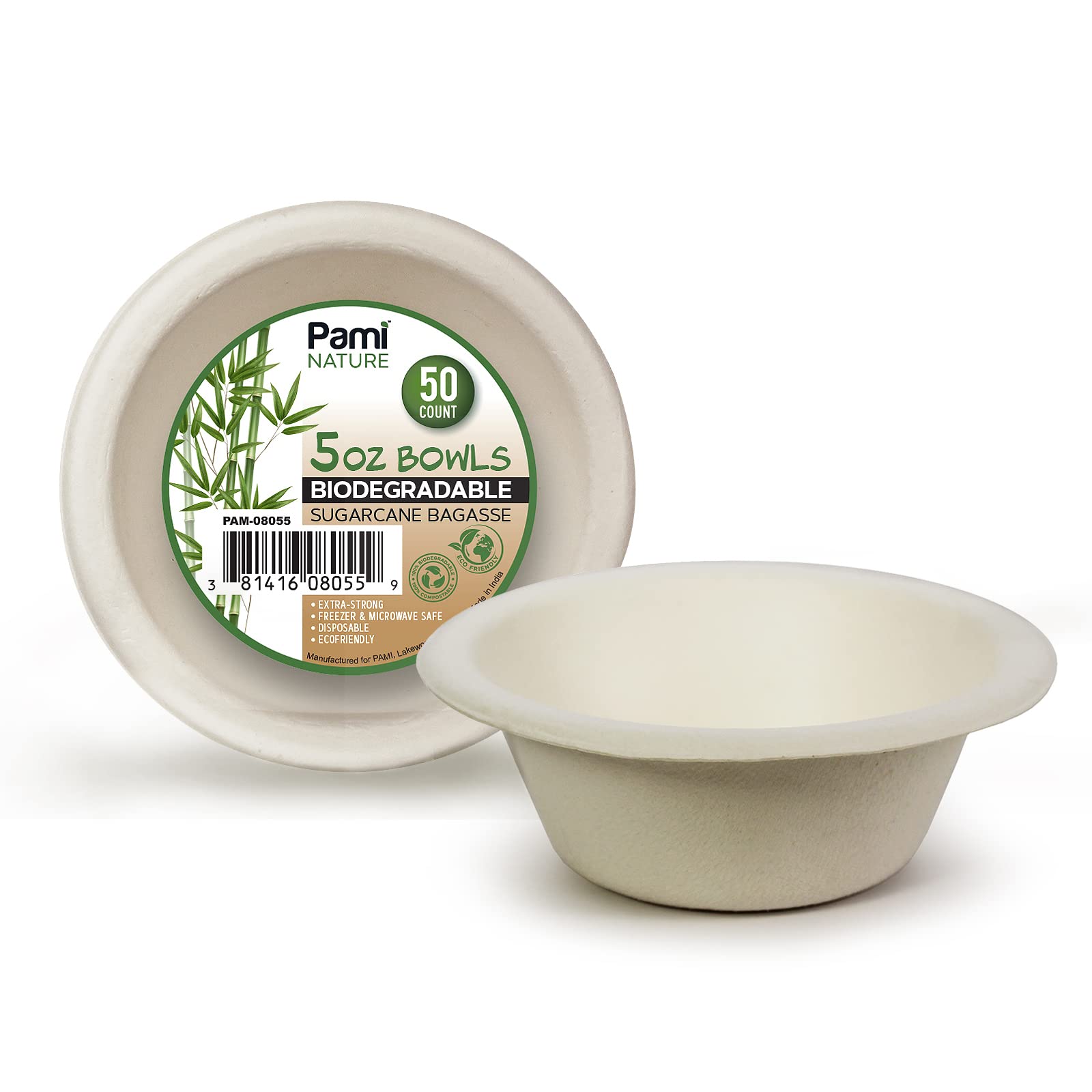 PAMI 100% Biodegradable Sugarcane Bowls [Pack of 50] Natural Compostable Soup Bowls- Planet-Friendly Bagasse Bowls For Hot & Cold Uses- Heavy-Duty