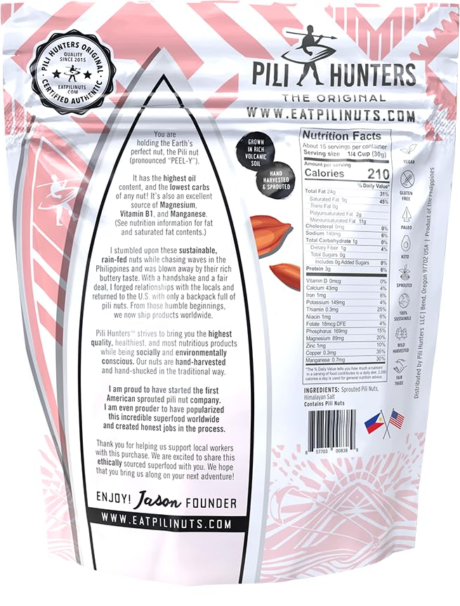 Pili Hunters - Wild Sprouted Pili Nuts, Himalayan Salt (1 lb Bag) Keto/Paleo/Vegan Snacks, Low Carb Energy, Gluten Free, No Sugar Added, Superfood