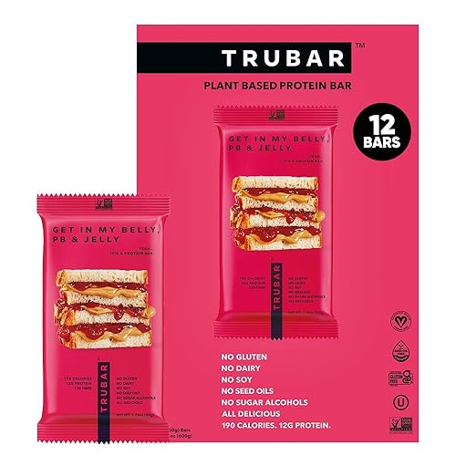TRUBAR Vegan Protein Bar, Get In My Belly Pb & Jelly, Gluten Free, Plant Based, High Fiber, Dairy Free, Low Fat, Non GMO, No Sugar Alcohols, 12G Lean