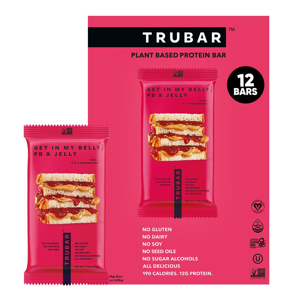 TRUBAR Vegan Protein Bar, Get In My Belly Pb & Jelly, Gluten Free, Plant Based, High Fiber, Dairy Free, Low Fat, Non GMO, No Sugar Alcohols, 12G Lean