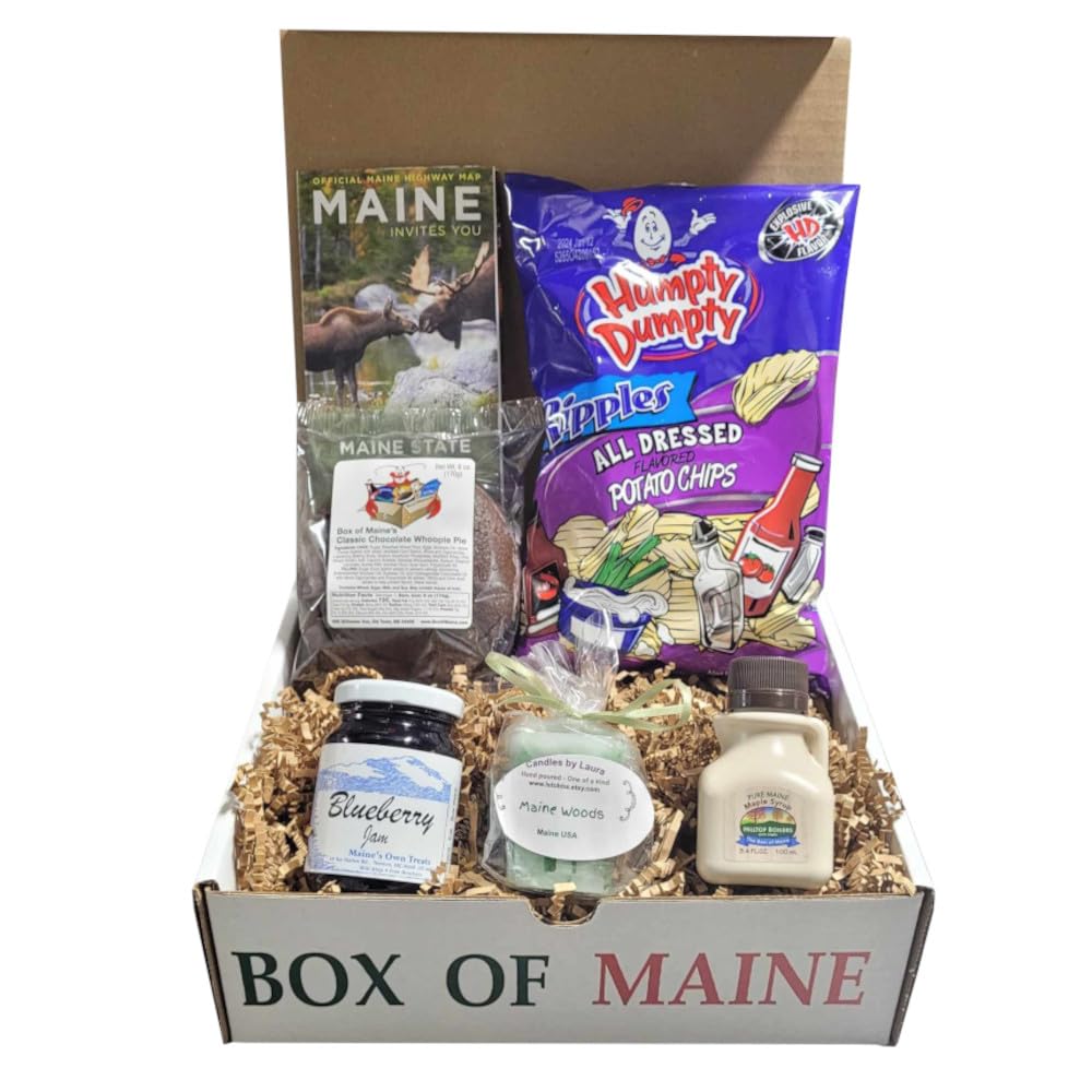 Box of Maine - 5-item Gift Pack - Humpty Dumpty All Dressed, Chocolate Whoopie Pie, Wild Maine Blueberry Jam, Maine Maple Syrup and Maine Woods Candle