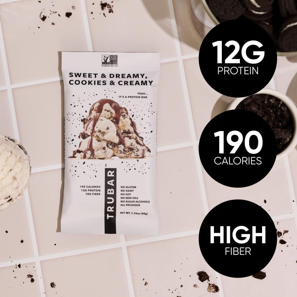 TRUBAR Vegan Protein Bar, Sweet & Dreamy Cookies and Creamy, Gluten Free, Plant Based Protein, Dairy Free, Non GMO, Soy Free, No Sugar Alcohols, 12G