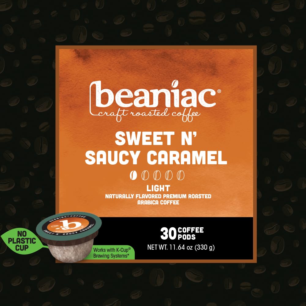 beaniac Sweet n' Saucy Caramel, Flavored Light Roast, Single Serve Compostable K Cup Coffee Pods, Arabica Coffee with Natural Flavors, Keurig Brewer