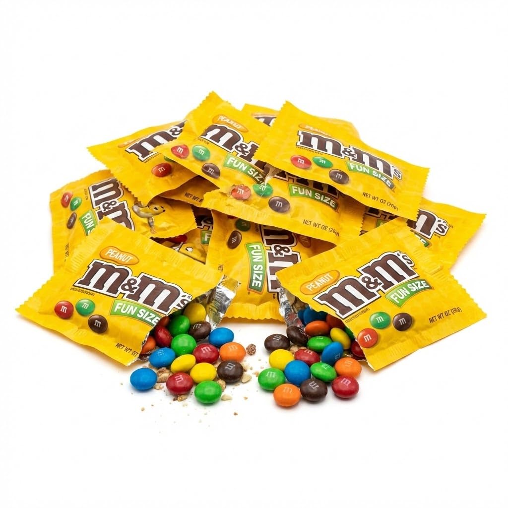M&M Peanut Milk Chocolate Fun Size Bulk Packs 2 Lbs American Candy Single Serve Bulk Party Mix Packaged In Wholesale Pantry Bag (32 Oz)