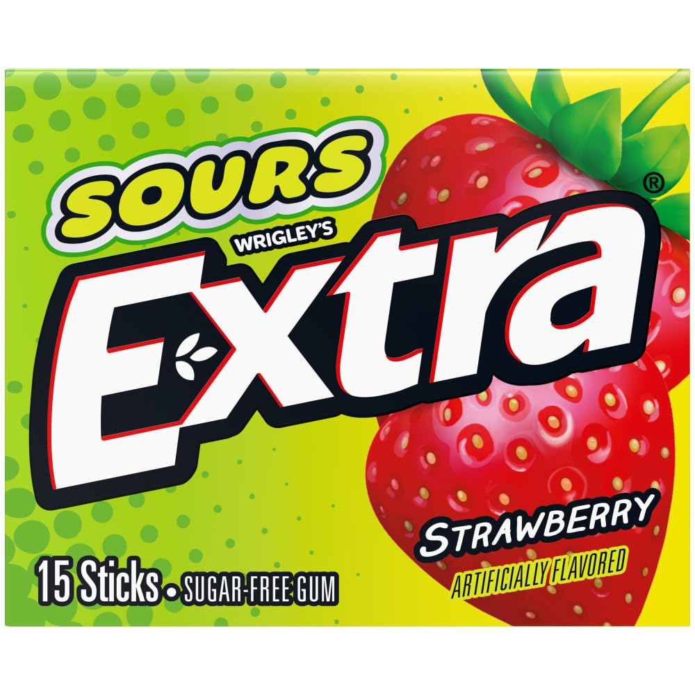 Extra, Sours Strawberry Sugar Free Chewing Gum Sour Candy Fruit Gum, 15 Stick Pack, 15 Count